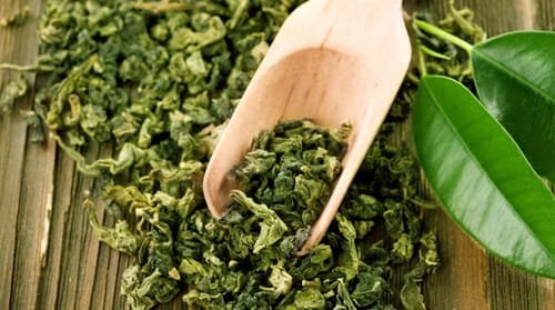 Dried green tea leaves